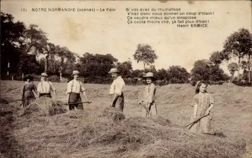 Ak Normandie, Bauern beim Heuernten, Sense, Landwirtschaft