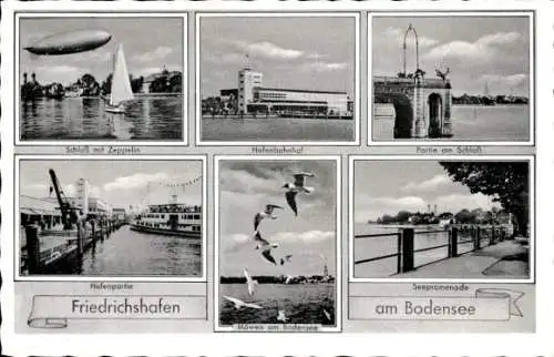 Ak Friedrichshafen am Bodensee, Hafenbahnhof, Seepromenade, Hafen, Schloss, Zeppelin