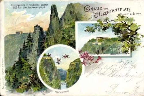 Litho Thale im Harz, Hexentanzplatz, Inh. L. Schmid, Blick vom Hirschgrund, Rosstrappfelsen