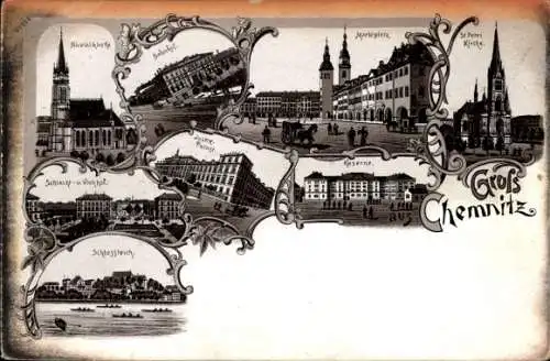 Litho Chemnitz in Sachsen, Marktplatz, St. Petri Kirche, Schlossteich, Nicolaikirche, Kaserne