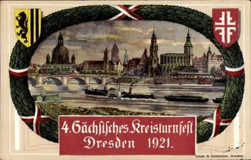 Passepartout Wappen Ak Dresden, 4. Sächsisches Kreisturnfest 1921, Friedrich August Brücke