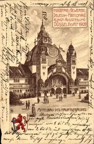 Litho Düsseldorf, Industrie, Gewerbe Kunstausstellung 1902, Hauptgebäude, Wappen