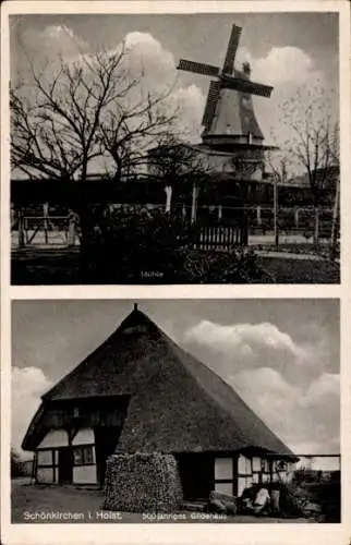 Ak Schönkirchen in Holstein, Windmühle, 500 jähriges Gildehaus