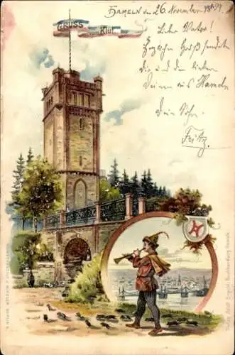 Litho Hameln an der Weser Niedersachsen, Klüt Turm, Rattenfänger