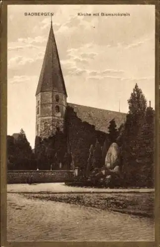 Ak Badbergen im Artland, Kirche mit Bismarckstein