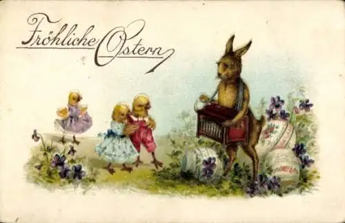 Ak Glückwunsch Ostern, Tanzende Küken, Osterhase, Drehorgel, Ostereier