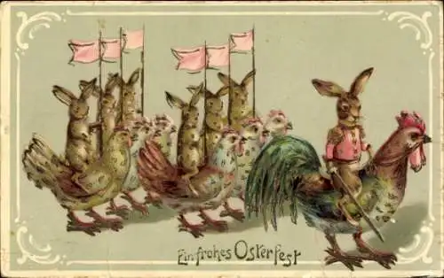 Ak Glückwunsch Ostern, Osterhasen als Soldaten, Hühner