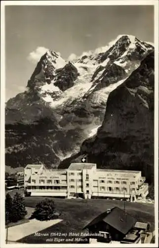 Ak Mürren Kanton Bern Schweiz, Hotel Edelweiss mit Eiger und Mönch