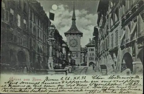 Mondschein Ak Bern Stadt Schweiz, Straßenpartie bei Nacht, Brunnen