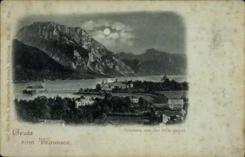 Mondschein Ak Traunsee Oberösterreich, Blick von der Villa Satori