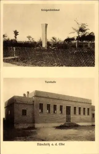 Ak Nünchritz in Sachsen, Kriegerdenkmal, Turnhalle