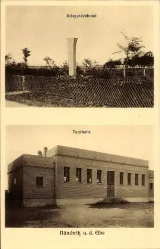 Ak Nünchritz in Sachsen, Kriegerdenkmal, Turnhalle