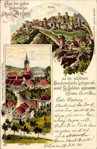 Litho Dohna in Sachsen, Alte Burg, Blick auf Stadt und Kirche