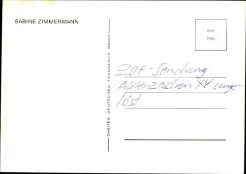 Ak Schauspielerin Sabine Zimmermann, Aktenzeichen YX ungelöst, Portrait, Autogramm