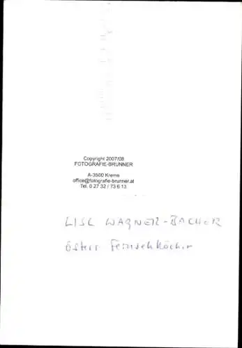 Ak Schauspielerin Lisl Wagner-Bacher, Fernsehköchin, Portrait, Autogramm