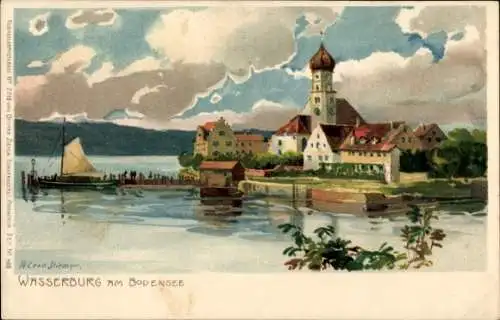 Künstler Litho Diemer, Zeno, Wasserburg am Bodensee Schwaben, Kirche, Anlegestelle