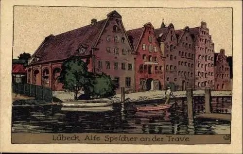 Steindruck Ak Lübeck, Alte Speicher an der Trave