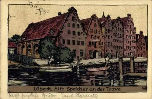 Steindruck Ak Lübeck, Alte Speicher an der Trave