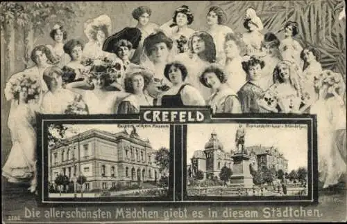 Passepartout Ak Krefeld am Niederrhein, Kaiser Wilhelm Denkmal, Bismarckdenkmal, Ständehaus, Frauen