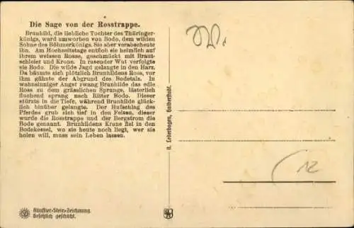 Steindruck Ak Thale im Harz, Die Sage von der Rosstrappe, Brünhild, Bodo, Bodetal