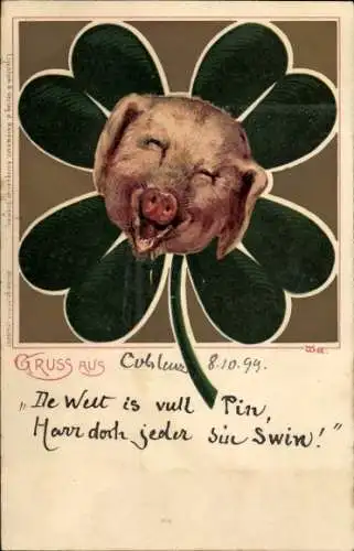 Litho Kleeblatt, lachendes Schwein