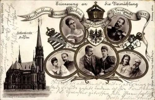 Litho Breslau, Lutherkirche, Prinzessin Feodora von Sachsen Meiningen, Prinz Reuss, Vermählung 1898