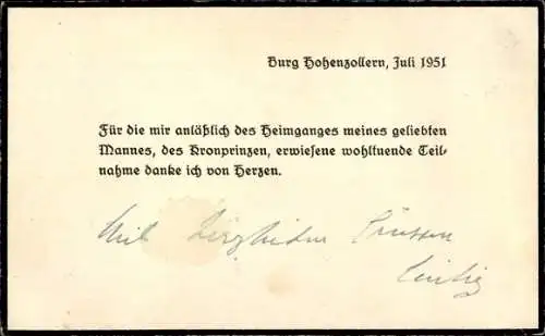 Ak Prinzessin Cecilie, Adel Preußen, Autogramm