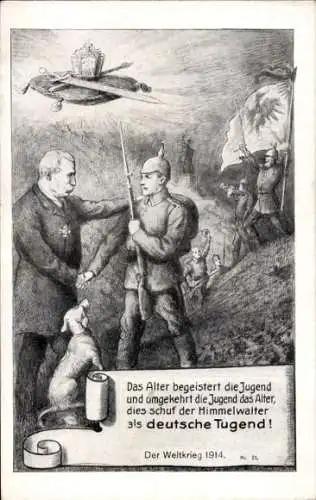 Künstler Ak Weltkrieg 1914, Das Alter begeistert die Jugend, die Jugend das Alter, deutsche Tugend