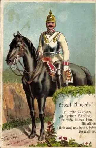 Litho Fröhliches Neujahr, Soldat der Kavallerie, Ich reite Karriere, ich springe Barriere