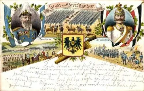 Litho Kaisermanöver 1897, Kaiser Wilhelm II., Prinzregent von Bayern, Parade, Biwakscherz