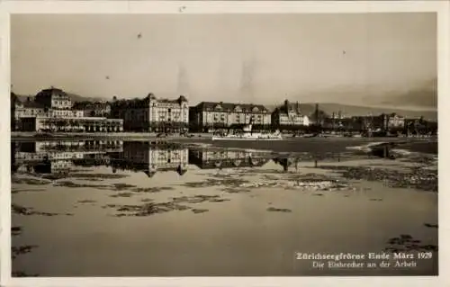 Ak Zürich Stadt Schweiz, Zugefrorener Zürichsee 1929, Eisbrecher bei der Arbeit