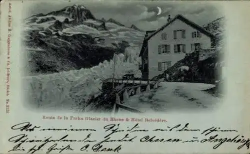 Mondschein Ak Oberwald Kanton Wallis, Hotel Belvedere, Furka Gletscher