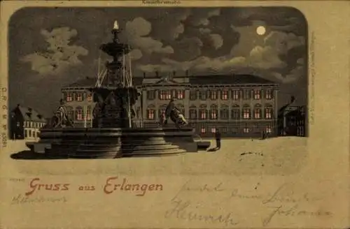 Mondschein Litho Ak Erlangen in Mittelfranken Bayern, Kunstbrunnen