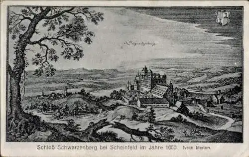 Künstler Ak Merian, Scheinfeld Mittelfranken, Schloss Schwarzenberg, Ansicht im Jahre 1650