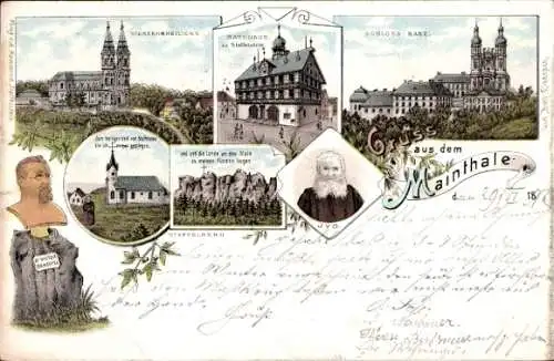 Litho Bad Staffelstein am Main Oberfranken, Schloss Banz, Maintal, Vierzehnheiligen, Ivo, Kirche