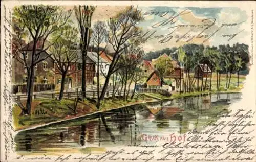 Litho Hof an der Saale Oberfranken Bayern, Flusspartie