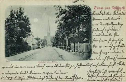 Mondschein Ak Ostseebad Ahlbeck auf Usedom, Kirche mit Allee