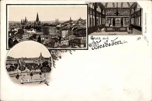 Litho Wiesbaden in Hessen, Totalansicht, Kochbrunnen, Trinkhalle