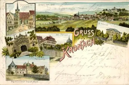 Litho Kronach in Oberfranken, Pfarrhaus, Realschule, Totalansicht