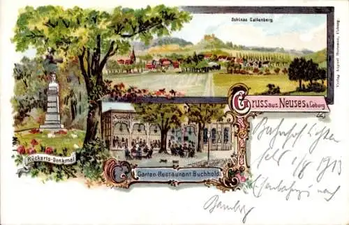 Litho Neuses Coburg in Oberfranken, Schloss Callenberg, Rückerts-Denkmal, Gasthaus Buchhold