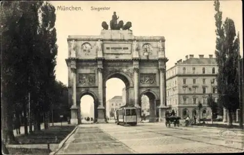 Ak München, Straßenpartie am Siegestor, Straßenbahn