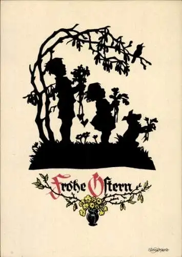 Scherenschnitt Künstler Ak Plischke, G., Glückwunsch Ostern, Kinder, Vogel, Hund, Blumen