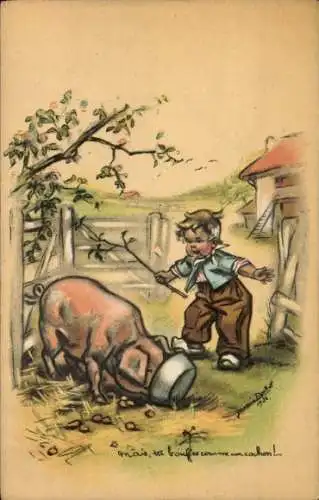 Künstler Ak Bouret, Germaine, Junge mit Schwein