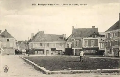 Ak Aubigny Ville Cher, Place du Marché, Café