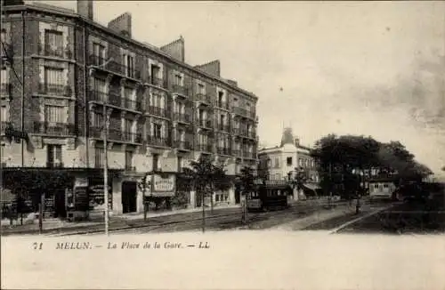 Ak Melun Seine et Marne, Place de la Gare