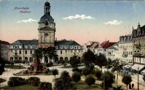 Ak Mannheim, Parkanlage mit Rathaus und Brunnen