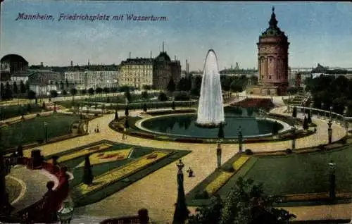 Ak Mannheim in Baden, Friedrichsplatz, Wasserturm, Rosengarten, Fontäne