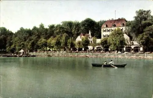 Ak Bad Nauheim in Hessen, Großer Teich, Teichhaus, Ruderboot