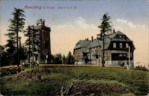 Ak Wildenthal Eibenstock im Erzgebirge, Unterkunftshaus und Aussichtsturm auf dem Auersberg