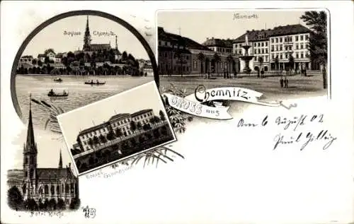 Litho Chemnitz Sachsen, Schloss, Königl. Gymnasium, Neumarkt, Petrikirche